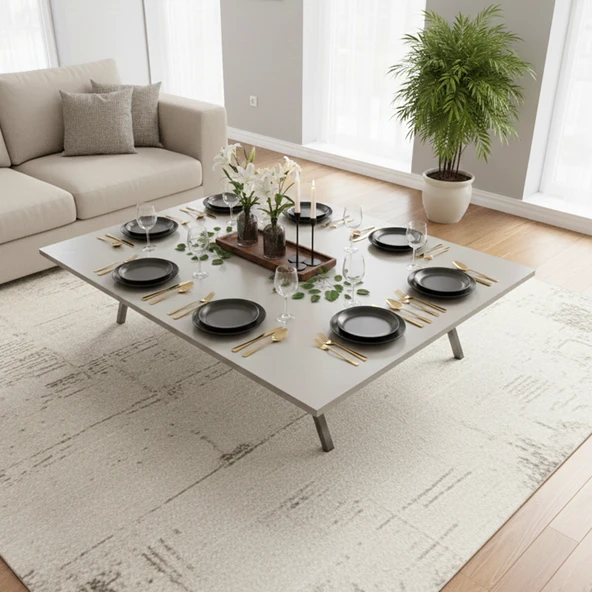 Ratemo Beyaz Renk Katlanır Metal Ayaklı Yer Sofrası 89X119 cm Modern Dikdörtgen Çok Amaçlı Masa ürün görseli 1