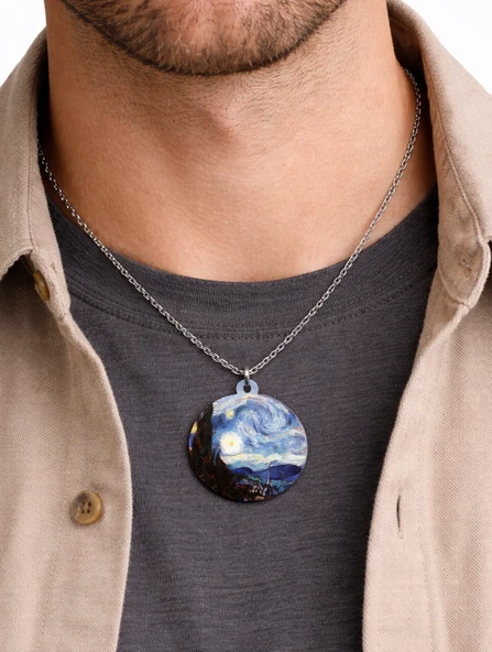 Van Gogh Yıldızlı Gece Desenli Yuvarlak Kolye Gümüş Renk Zincir Unisex ürün görseli 1
