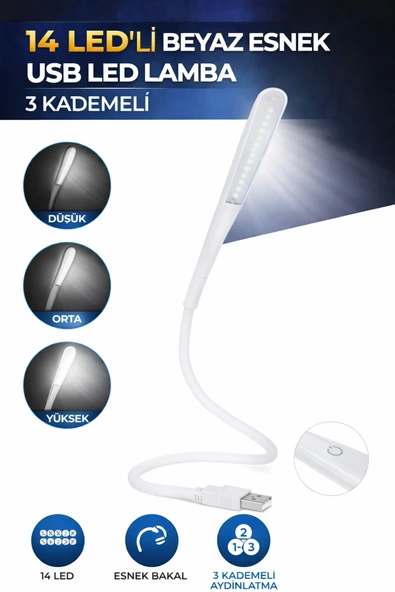 14 Led USB Lamba Esnek 3 Kademeli Masa Lambası Bilgisayar Laptop Klavye Aydınlatma Beyaz ürün görseli 1