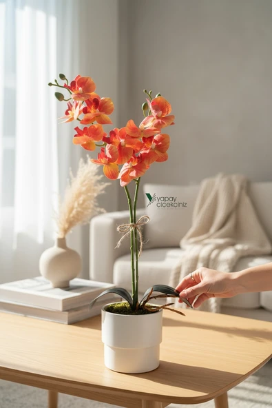 MODERN TASARIM BEYAZ RENKLİ SAKSIDA 2 DALLI YAPAY ISLAK ORKİDE 50 CM ürün görseli 1