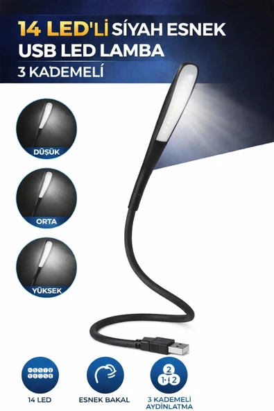 14 Led USB Lamba Esnek 3 Kademeli Masa Lambası Bilgisayar Laptop Klavye Aydınlatma Siyah ürün görseli 1
