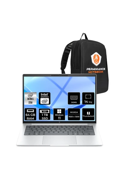 HP EliteBook 8 G1i Ultra 5 225U 64GB 1TB SSD Intel Graphics 14" WUXGA W11P Notebook & PER4 Çanta ürün görseli 1