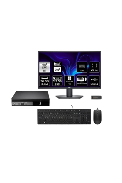 Dell Pro Micro QCM1250 Ultra 7 265T 96GB 512GB SSD 27" Monitör W11H Mini Masaüstü Bilgisayar ürün görseli 1