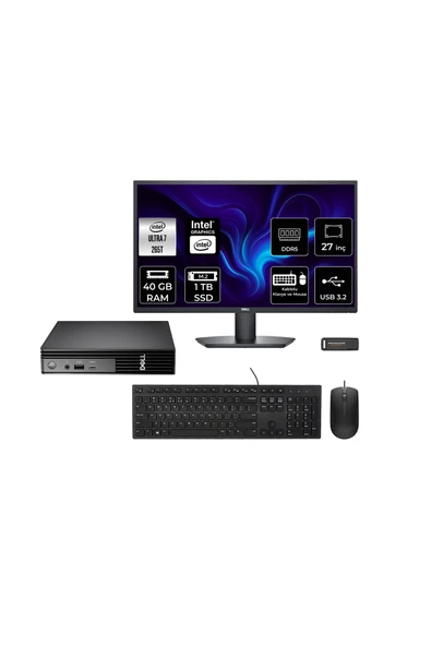 Dell Pro Micro QCM1250 Ultra 7 265T 40GB 1TB SSD 27" Monitör FDOS Mini Masaüstü Bilgisayar ürün görseli 1