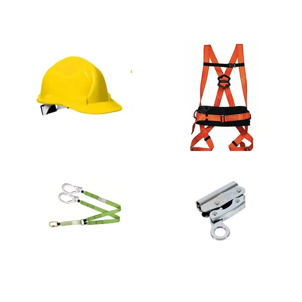 Karam Paraşüt Tipi Emniyet Kemeri Bel Destekli (Kutulu)+Sarı Vidalı Baret+Karam KA361 Şok Emici Çift Kollu Kolonlu Buyuk Kancalı Halat+Halat Tutucu ürün görseli 1