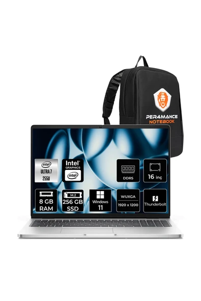 Dell Pro 16 Ultra 7 255U 8GB 256GB SSD Intel Graphics 16" WUXGA W11P Notebook & PER4 Çanta ürün görseli 1