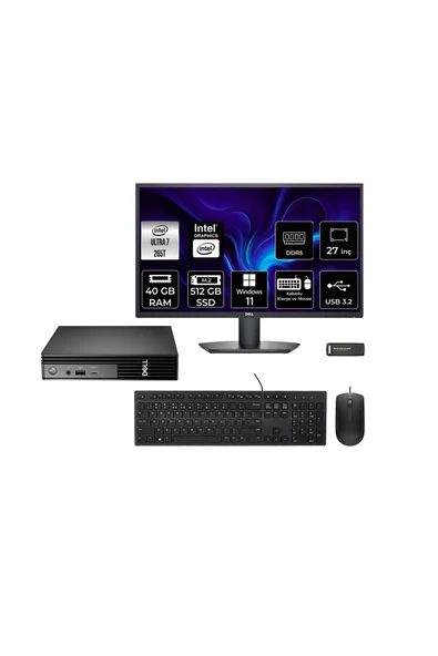 Dell Pro Micro QCM1250 Ultra 7 265T 40GB 512GB SSD 27" Monitör W11P Mini Masaüstü Bilgisayar ürün görseli 1