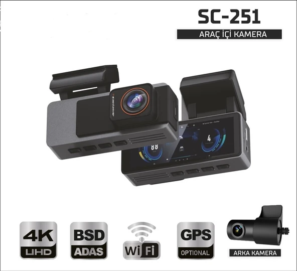 Sentinel SC-251 Araç İçi Kamera 4K UHD WiFi Çift Kameralı Dash Cam Arka Kamera Destekli ürün görseli 1