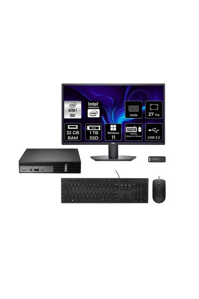 Dell Pro Micro QCM1250 Ultra 7 265T 32GB 1TB SSD 27" Monitör W11H Mini Masaüstü Bilgisayar ürün görseli 1