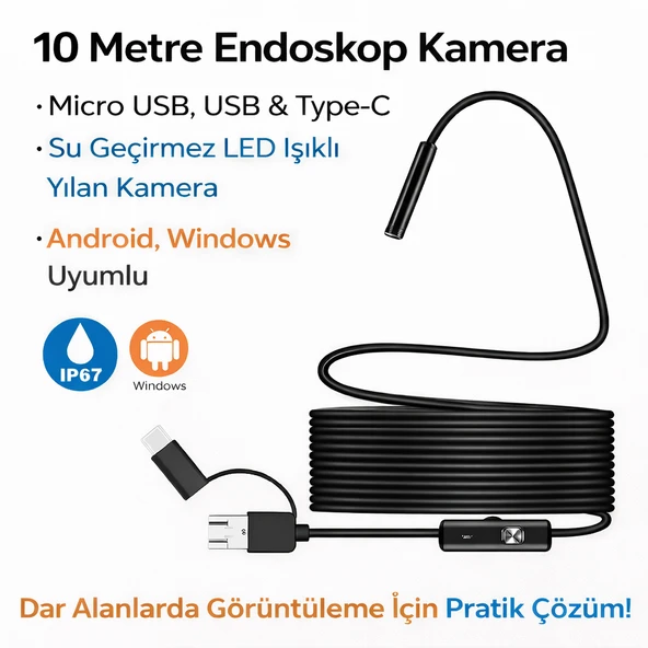 10 Metre Endoskop Kamera Su Geçirmez LED Işıklı Boroskop Yılan Kamera Android Uyumlu Micro+USB+Type-C ürün görseli 1