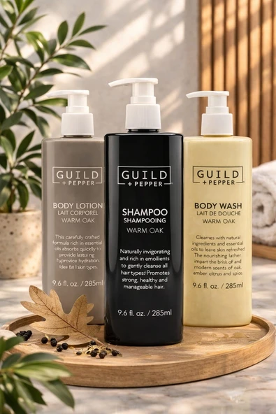 Guild + Pepper Warm Oak Serisi 3’lü Bakım Seti (Şampuan + Duş Jeli + Vücut Losyonu) 285 ml ürün görseli 1