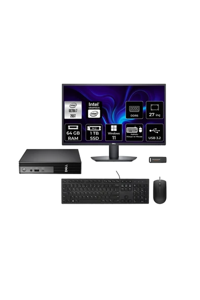 Dell Pro Micro QCM1250 Ultra 7 265T 64GB 1TB SSD 27" Monitör W11H Mini Masaüstü Bilgisayar ürün görseli 1