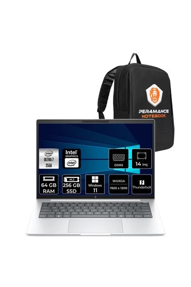 HP EliteBook 8 G1i Ultra 7 255U 64GB 256GB SSD Intel Graphics 14" WUXGA W11H Notebook & PER4 Çanta ürün görseli 1