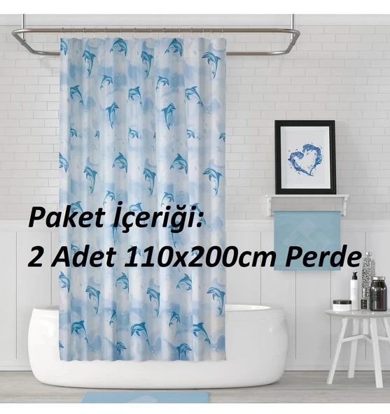 Jackline -Dolphin Mavi- Çift Kanatlı Banyo Duş Perdesi (2x110x200) - Resim 2