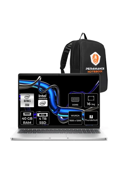 Dell Pro 16 Ultra 5 235U 40GB 4TB SSD Intel Graphics 16" WUXGA FDOS Notebook & PER4 Çanta ürün görseli 1