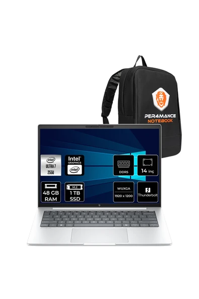 HP EliteBook 8 G1i Ultra 7 255U 48GB 1TB SSD Intel Graphics 14" WUXGA FDOS Notebook & PER4 Çanta ürün görseli 1