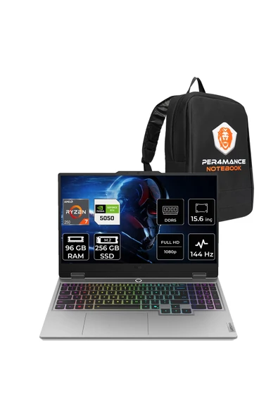 LENOVO LOQ Ryzen 7 250 96GB 256GB SSD RTX5050/8GB 100W 15.6" FHD 144Hz FDOS Gaming Laptop & Çanta ürün görseli 1