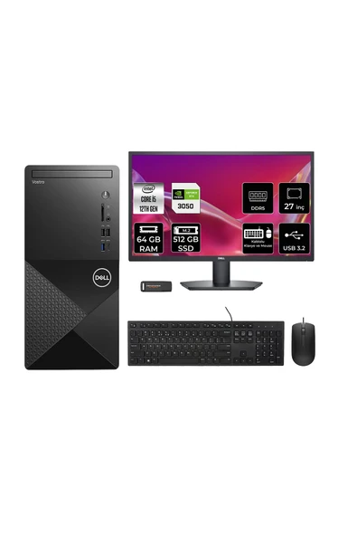 Dell Vostro 3030MT i5 12400 64GB 512GB SSD RTX3050/6GB FDOS Masaüstü Bilgisayar + 27" Monitör ürün görseli 1
