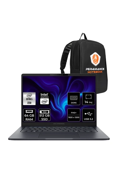ASUS ExpertBook B5 Ultra 5 225H 64GB 512GB SSD 14" FHD+ FDOS Dizüstü Bilgisayar & PER4 Çanta ürün görseli 1