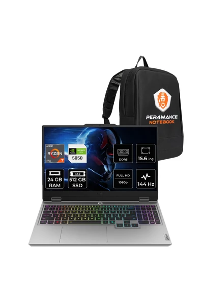 LENOVO LOQ Ryzen 7 250 24GB 512GB SSD RTX5050/8GB 100W 15.6" FHD 144Hz FDOS Gaming Laptop & Çanta ürün görseli 1
