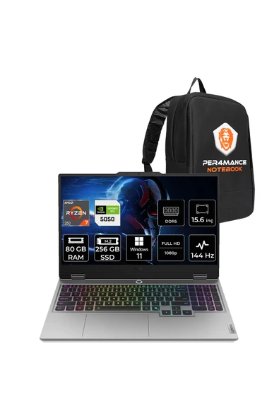 LENOVO LOQ Ryzen 7 250 80GB 256GB SSD RTX5050/8GB 100W 15.6" FHD 144Hz W11P Gaming Laptop & Çanta ürün görseli 1