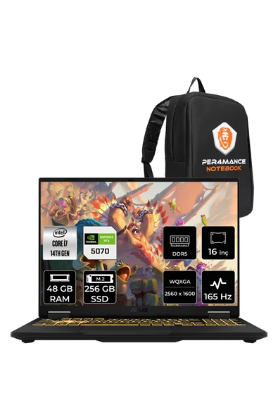 ASUS TUF F16 i7 14650HX 48GB 256GB SSD RTX5070/8GB 165Hz 16'' 2.5K WQXGA FDOS Gaming Laptop FX608JPR ürün görseli 1