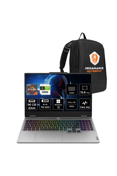 LENOVO LOQ Ryzen 7 250 96GB 4TB+4TB SSD RTX5050/8GB 100W 15.6" FHD 144Hz W11H Gaming Laptop & Çanta ürün görseli 1