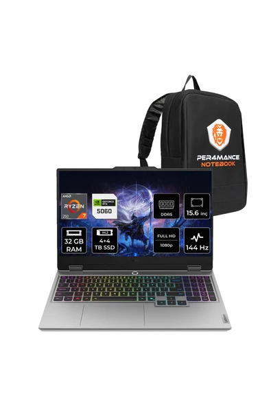 LENOVO LOQ Ryzen 7 250 32GB 4TB+4TB SSD RTX5060/8GB 100W 15.6" FHD 144Hz FDOS Gaming Laptop & Çanta ürün görseli 1