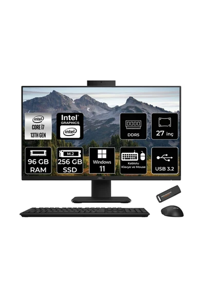 ASUS V470 i7 13620H 96GB 256GB SSD 27" FHD 100Hz W11H All in One Bilgisayar Siyah & PER4 USB Bellek ürün görseli 1