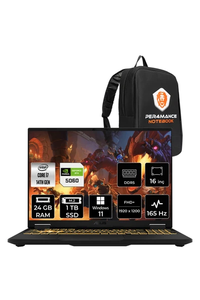 ASUS TUF F16 i7 14650HX 24GB 2TB SSD RTX5060/8GB 115W 165Hz 16'' WUXGA W11P Gaming Laptop FX608JMR ürün görseli 1