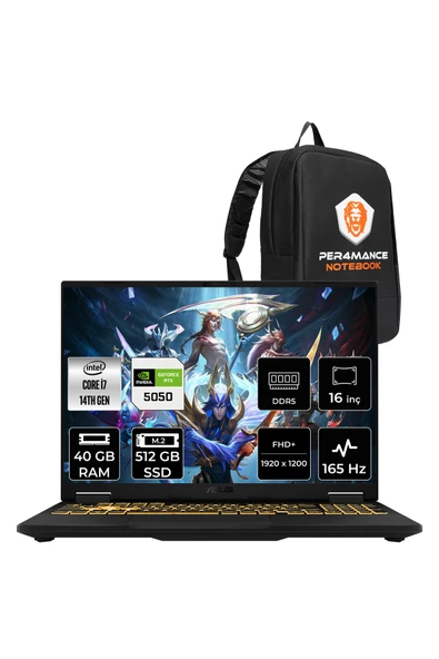 ASUS TUF F16 i7 14650HX 40GB 512GB SSD RTX5050/8GB 115W 165Hz 16'' WUXGA FDOS Gaming Laptop FX608JHR ürün görseli 1
