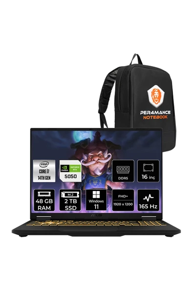 ASUS TUF F16 i5 13450HX 48GB 1TB SSD RTX5050/8GB 115W 165Hz 16'' WUXGA W11H Gaming Laptop FX608JH ürün görseli 1