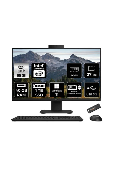 ASUS V470 i7 13620H 40GB 1TB SSD 27" FHD 100Hz W11P All in One Bilgisayar Siyah & PER4 USB Bellek ürün görseli 1
