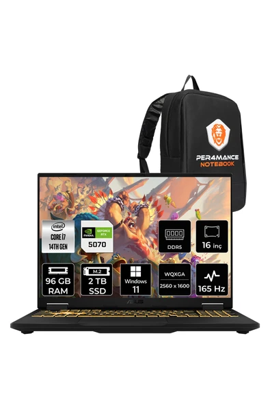ASUS TUF F16 i7 14650HX 96GB 2TB SSD RTX5070/8GB 165Hz 16'' 2.5K WQXGA W11H Gaming Laptop FX608JPR ürün görseli 1
