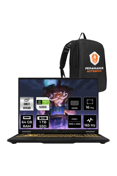 ASUS TUF F16 i5 13450HX 64GB 1TB SSD RTX5050/8GB 115W 165Hz 16'' WUXGA FDOS Gaming Laptop FX608JH ürün görseli 1