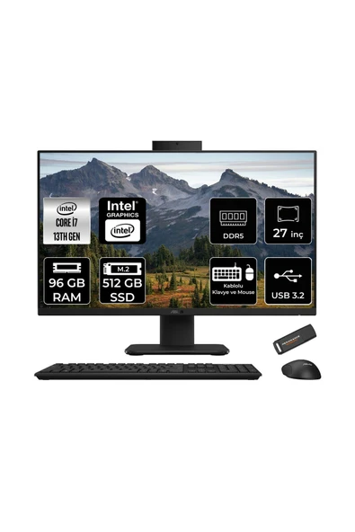 ASUS V470 i7 13620H 96GB 512GB SSD 27" FHD 100Hz FDOS All in One Bilgisayar Siyah & PER4 USB Bellek ürün görseli 1