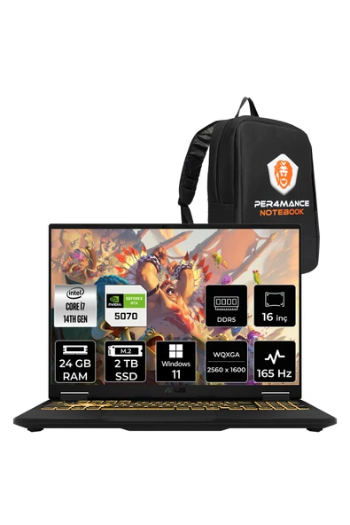 ASUS TUF F16 i7 14650HX 24GB 2TB SSD RTX5070/8GB 165Hz 16'' 2.5K WQXGA W11H Gaming Laptop FX608JPR ürün görseli 1