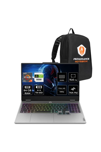 LENOVO LOQ Ryzen 7 250 64GB 4TB+4TB SSD RTX5050/8GB 100W 15.6" FHD 144Hz FDOS Gaming Laptop & Çanta ürün görseli 1