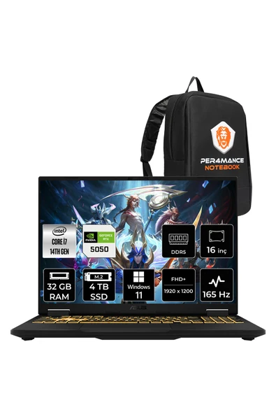 ASUS TUF F16 i7 14650HX 32GB 4TB SSD RTX5050/8GB 115W 165Hz 16'' WUXGA W11H Gaming Laptop FX608JHR ürün görseli 1