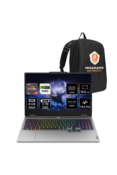 LENOVO LOQ Ryzen 7 250 8GB 2TB SSD RTX5060/8GB 100W 15.6" FHD 144Hz FDOS Gaming Laptop & Çanta ürün görseli 1