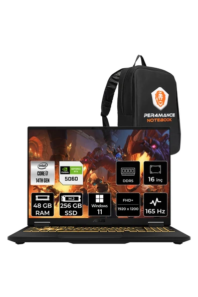 ASUS TUF F16 i7 14650HX 48GB 512GB SSD RTX5060/8GB 115W 165Hz 16'' WUXGA W11P Gaming Laptop FX608JMR ürün görseli 1