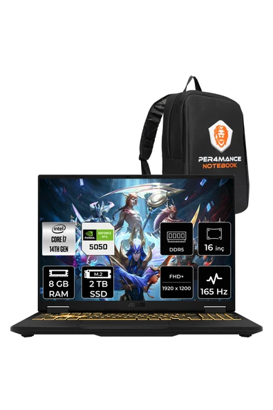 ASUS TUF F16 i7 14650HX 8GB 2TB SSD RTX5050/8GB 115W 165Hz 16'' WUXGA FDOS Gaming Laptop FX608JHR ürün görseli 1