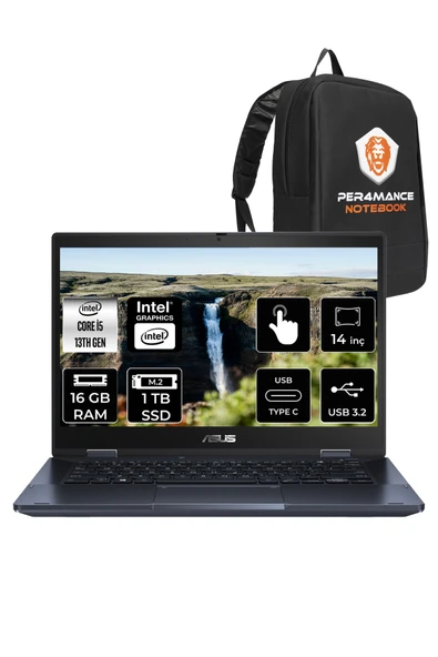 ASUS Expertbook B3 Flip i5 1335U 16GB RAM 1TB SSD 14" FHD FDOS Dokunmatik Bilgisayar & PER4 ÇANTA ürün görseli 1