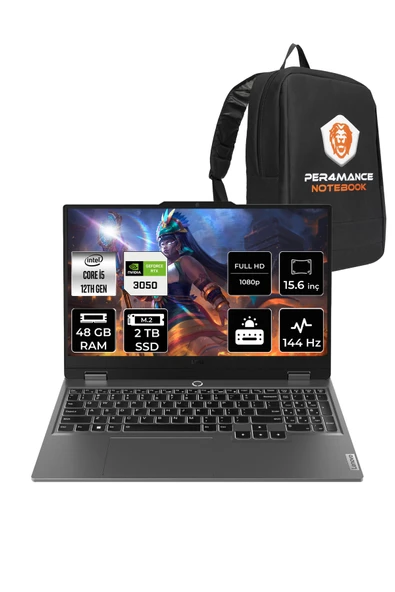 LENOVO LOQ i5 12450HX 48GB 2TB SSD RTX3050/6GB 95W 144Hz FHD 15.6" FDOS Gaming Laptop & PER4 ÇANTA ürün görseli 1