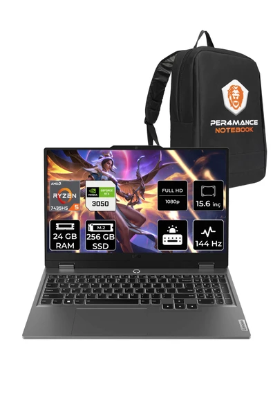 LENOVO LOQ R5 7235HS 24GB 256GB SSD RTX3050/6GB 95W 144Hz FHD 15.6" FDOS Gaming Laptop & PER4 ÇANTA ürün görseli 1