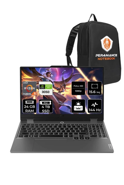 LENOVO LOQ R5 7235HS 24GB 4TB SSD RTX3050/6GB 95W 144Hz FHD 15.6" FDOS Gaming Laptop & PER4 ÇANTA ürün görseli 1