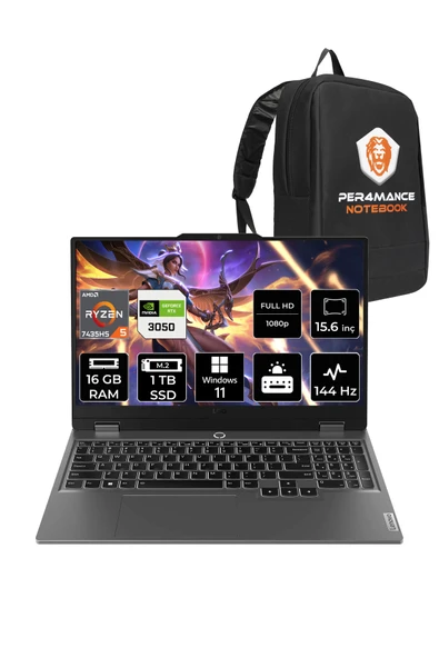 LENOVO LOQ R5 7235HS 16GB 1TB SSD RTX3050/6GB 95W 144Hz FHD 15.6" W11H Gaming Laptop & PER4 ÇANTA ürün görseli 1