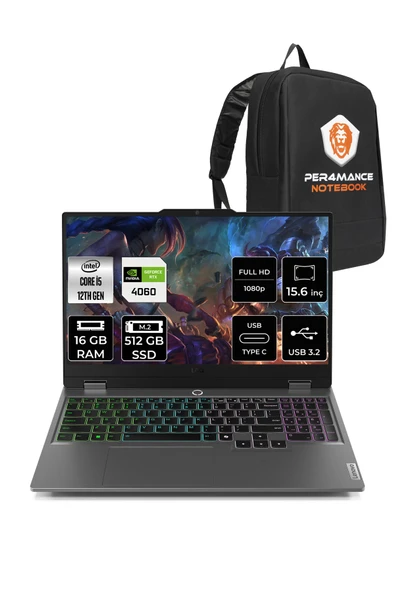 LENOVO LOQ 15IAX9 i5-12450HX 16GB 512GB SSD 105W RTX4060/8GB 15.6" FHD FDOS & PER4 ÇANTA ürün görseli 1