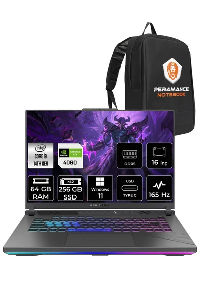 ASUS ROG Strix G16 i9-14900HX 64GB 256GB SSD RTX4060/8GB 165HZ 16" WUXGA W11P N3095 & PER4 ÇANTA ürün görseli 1