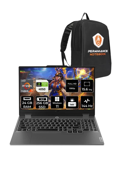 LENOVO LOQ R7 7435HS 24GB 256GB SSD RTX4050/6GB 105W 144Hz FHD 15.6" W11P Gaming Laptop & PER4 ÇANTA ürün görseli 1